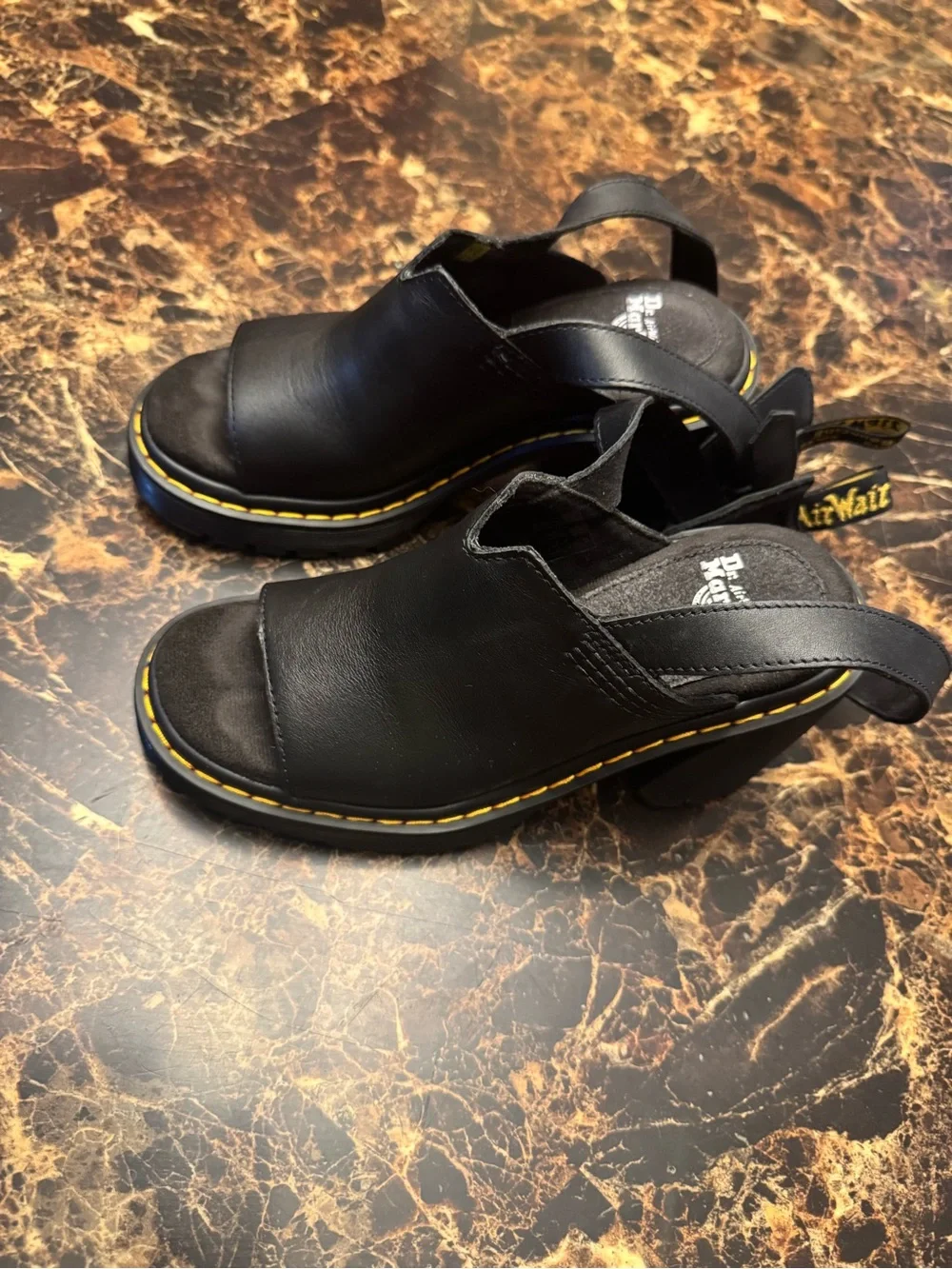 Dr. Martens Black Leather Yellow-Stitch Platform Sandals size 6